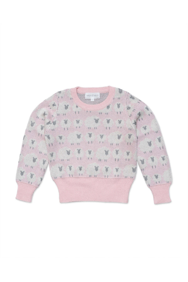 Front view of the Little Bo Peep Jumper in rose pink with rows of cream jacquard sheep