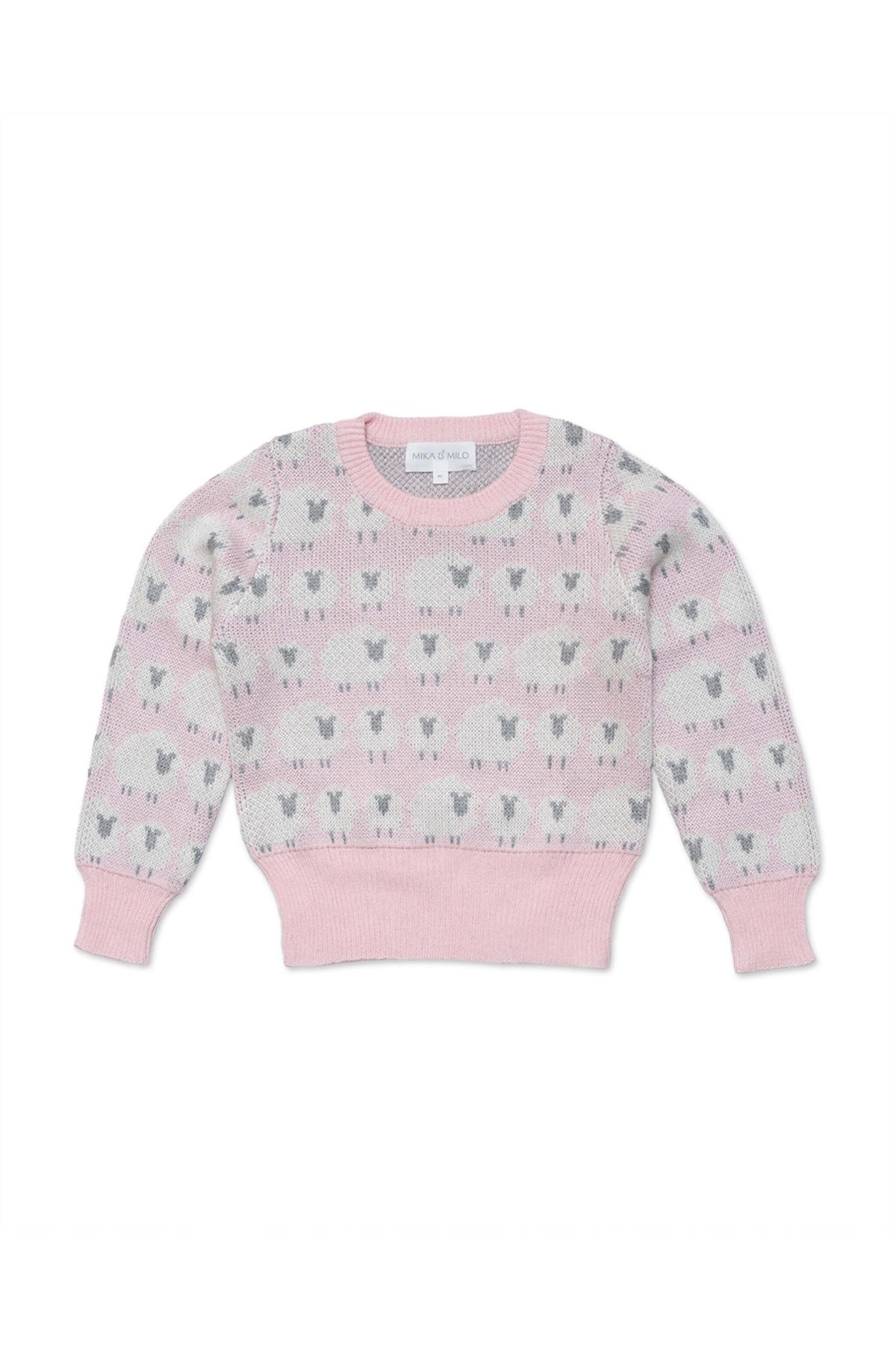 Front view of the Little Bo Peep Jumper in rose pink with rows of cream jacquard sheep