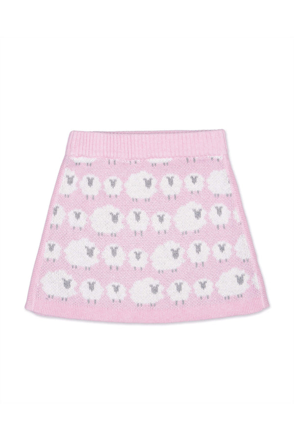 Front view of the Little Bo Peep A-line Skirt in bubble gum pink with rows of cream jacquard sheep