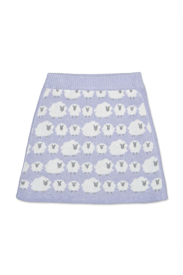 Front view of the Little Bo Peep A-line Skirt in lavender with rows of cream jacquard sheep