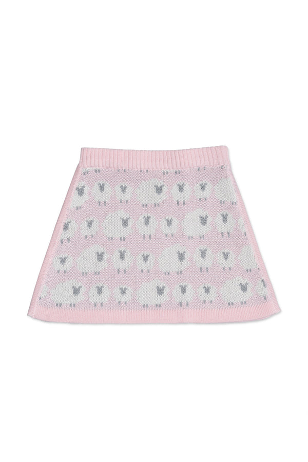 Front view of the Little Bo Peep A-line Skirt in rose pink with rows of cream jacquard sheep