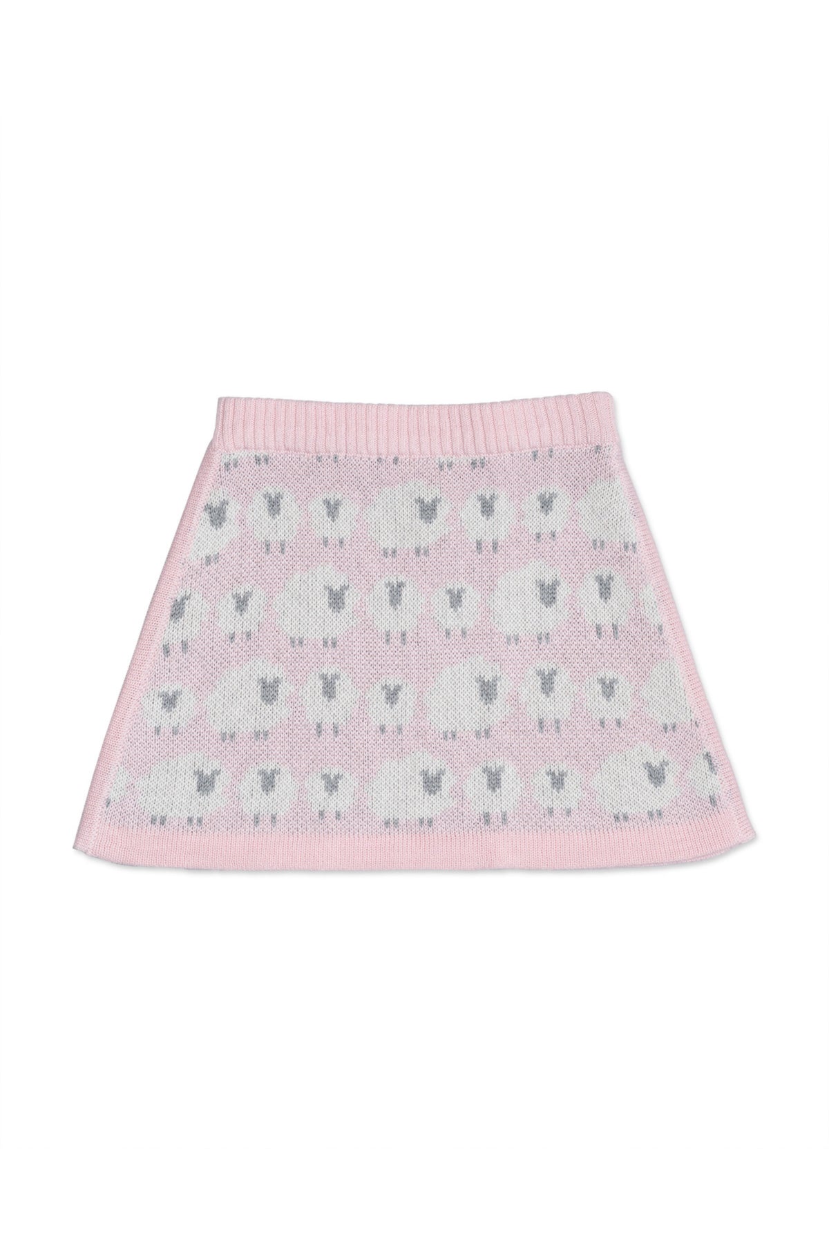 Front view of the Little Bo Peep A-line Skirt in rose pink with rows of cream jacquard sheep